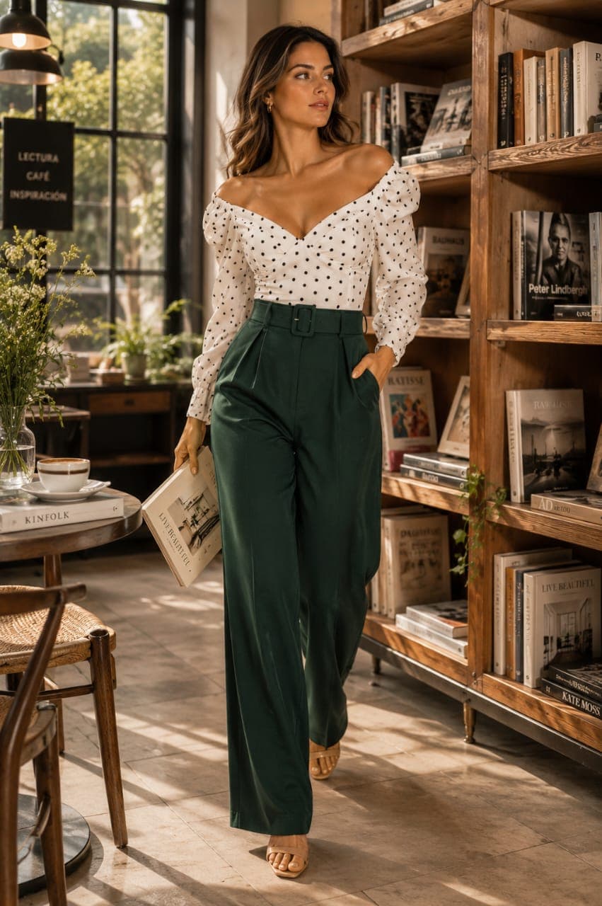 Femme en blouse à pois et pantalon vert taille haute marchant dans une librairie